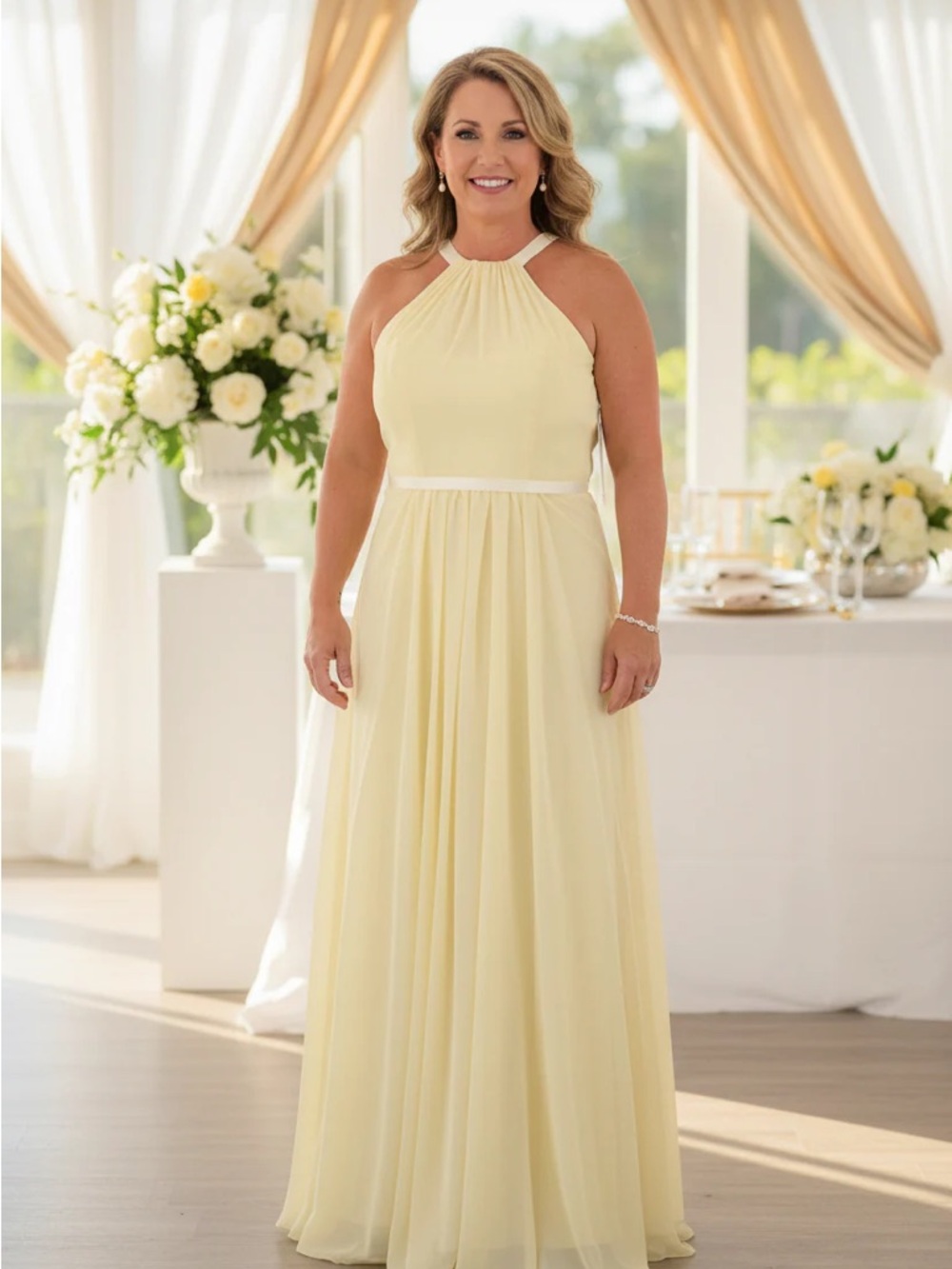 Mary's Bridal Pale Yellow Halter Chiffon Maxi Dress